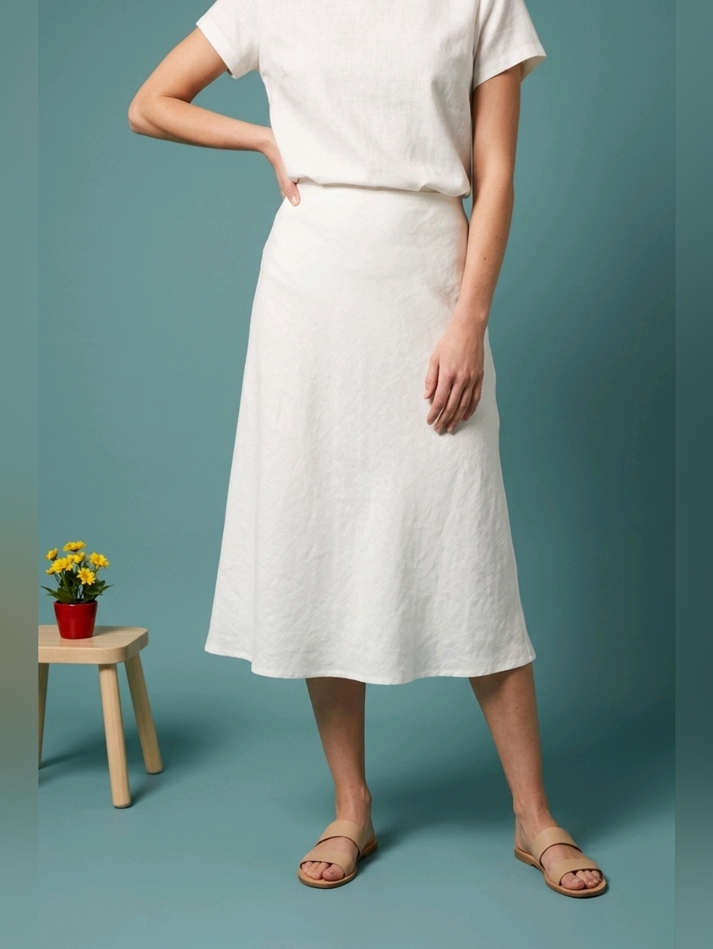 Joie White Midi Linen A-Line Skirt